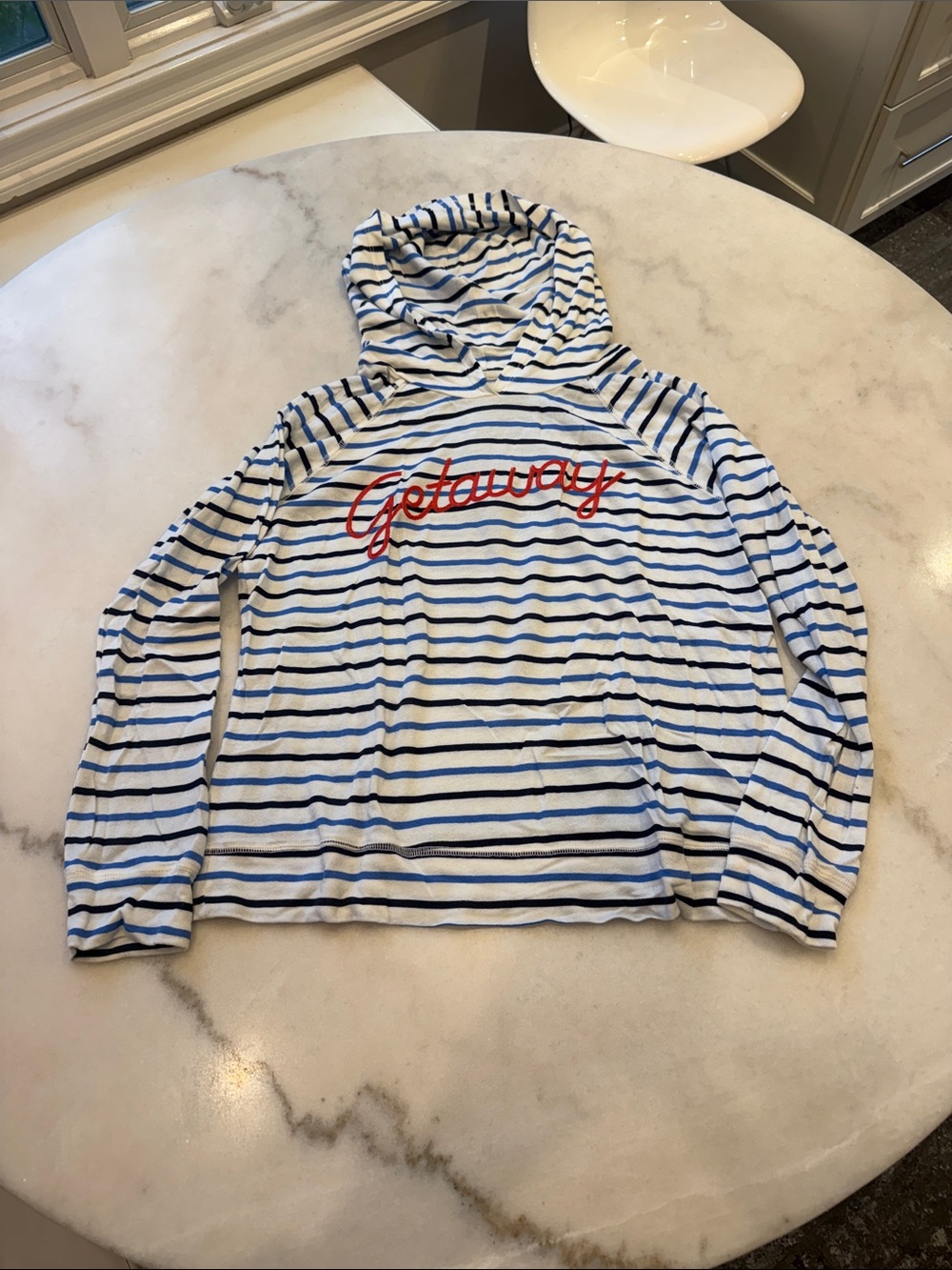 Sundry White & Blue Striped Hooded Tee with Red Script